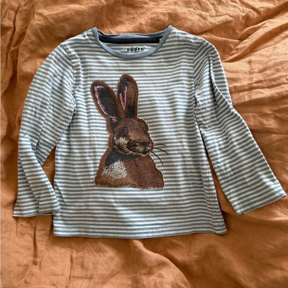 Mini Boden Stripes Rabbit Long Sleeve Shirt, 4-5yr